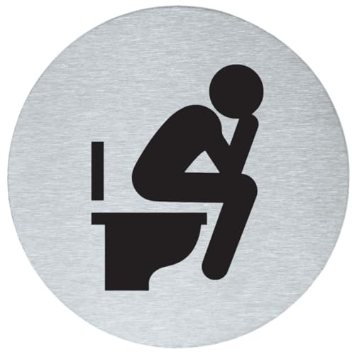 Stahl-Design Tebart WC Schild „Sitzen“ rund 7,5 cm Edelstahl – graviertes Piktogramm mit Humor – selbstklebend – langlebige Edeloptik & elegante Türbeschilderung für Toiletten