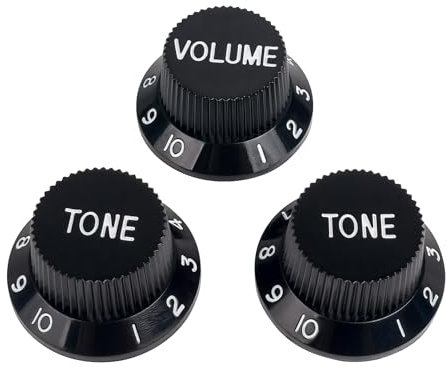 Banworks Steuerknöpfe für E-Gitarre, 2 Ton- und 1 Lautstärkeregler, Geschwindigkeitsregler, Top Hat, metrisch, 6 mm (15/64 Zoll), 18-Spline, für Squier Strat E-Gitarren, 3er-Pack, JT/XN-04, Schwarz
