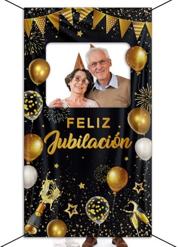 GEBETTER Photocall Feliz Jubilación Español, Tela Pancarta 180x100 cm + Cinta 6m, Decoración Fiesta Jubilación Fotocall Fotocol Fotomatón Photo Booth Marco Foto Regalo Jubilados Oro Negro Retirement
