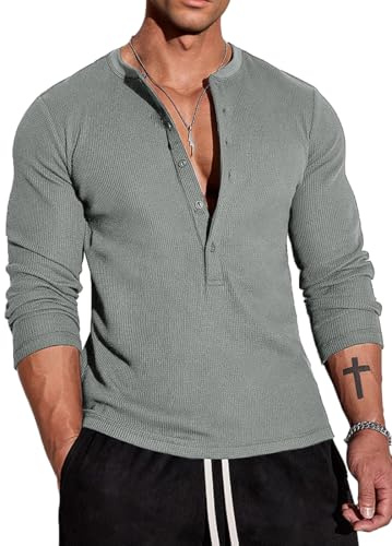 Muscle Cmdr Camisas Henley Waffle para Hombre,Camiseta Ajustada Manga Larga Ropa Interior Térmica 5 Botones