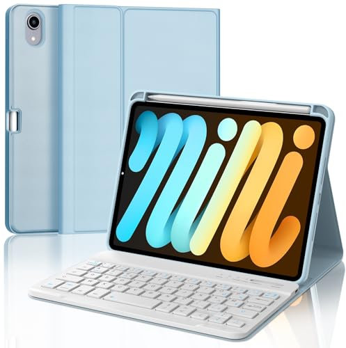 Clavier iPad Mini 7/6 8.3 Pouces, Coque Clavier Rechargeable Etui Keyboard AZERTY Détachable pour iPad Pro A17 8.3 2024, Leu Ciel