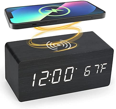 ChicBosomn Bedside Wireless Charging Radio Alarm Clock with Dimmable LED Display Non Ticking Mains Powered Dual Alarm Clock with USB Charger(D)