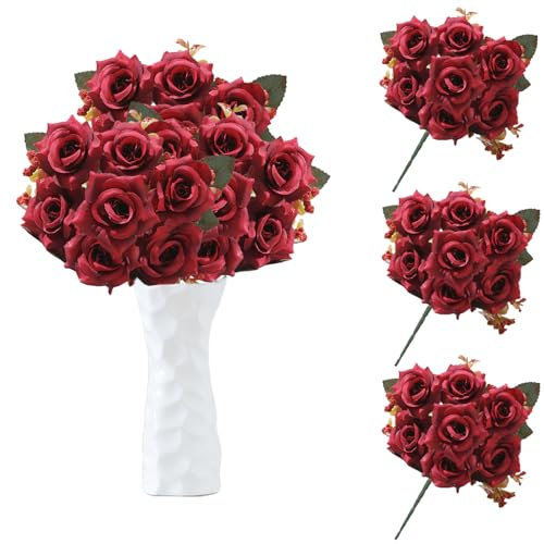 astylishome Faux Flowers Outdoor Artificial Rose Flowers Red Bouquets with Rose Head Fake Flower Realistic Rose for Wedding Home Garden Party Office Decor Red 4214