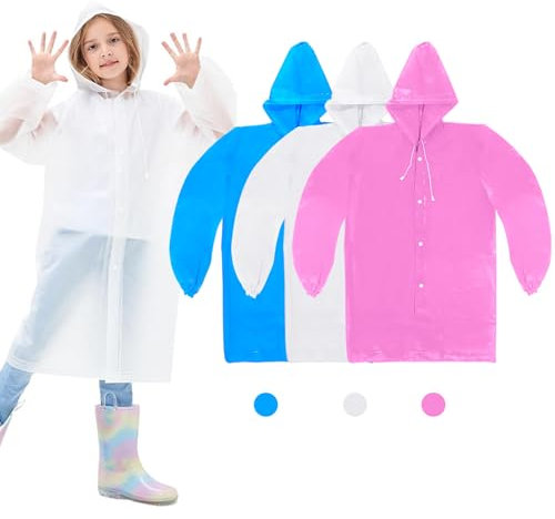 KASURE 3 Pièces Poncho Pluie Enfant, EVA Réutilisable Poncho Pluie Imperméable, Enfant Capuchon Vêtements de Pluie, Poncho Pluie pour Garçons Filles, pour Velo Randonnée Bivouac Camping