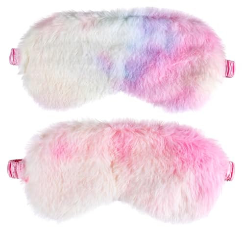 Piriuuo 2 Stück Schlaf Augenmaske Damen, Plüsch Augenmaske Zum Schlafen Süße Schlafmaske Kinder Mädchen Mehrfarbig Weich Augenmaske PyjamaParty Reise Schlafmasken für Kinder Mädchen(Hellbeige, Rot)
