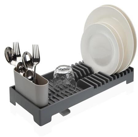 Scolapiatti plastica con portaposate rimovibile Beccuccio x drenaggio Base inclinata Asciugapiatti da Banco Compatto Stendipiatti da Appoggio x lavandino Portaposata Piatti,Coltelli,Cucchiai,Forchette