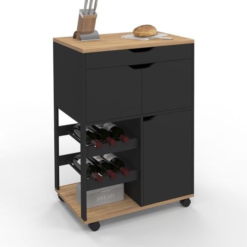 IDMarket - Desserte de cuisine COSY avec placards et range bouteilles bois et noir