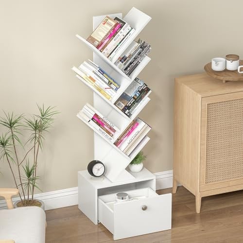 Rebonique Bücherregal Baumform, 8 Ebenen Standregal mit Schublade, Aufbewahrungsregal, Baumform Regal für Wohnzimmer, Schlafzimmer, Heimbüro, Bücherturm Freistehend für Bücher,CDs,DVD,Weiß,38x25x124cm
