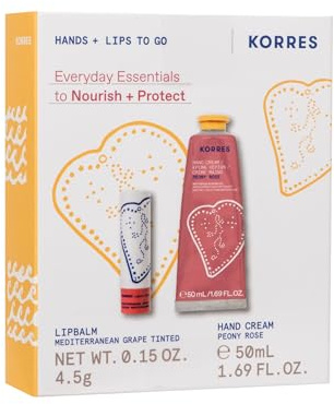 KORRES Everyday Essentials Hand and Lip Care Set, Peony Rose Hand Cream & Mediterrenean Grape Lip Balm, Gift Set for Women, Silicone & Paraben-Free, 50 ml + 4.5 g