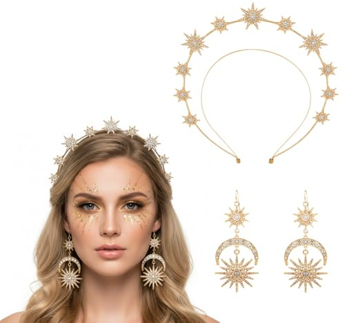 HDFHDF 2 Stück Set Sonne Mond Haar Sechs Sterne Ohrringe Doppelstöckiger Böhmischer Stil Hochzeitskleid Accessoires Weihnachten Karneval Party Damen Dekoration
