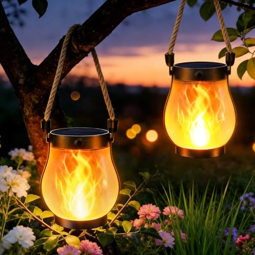 2 Stück Flamme Solar Lantern Hängend Außenleuchten, Solarlaterne mit flackernder Flamme, IP65 Wasserdicht, solarlaterne zum Aufhängen aus Hanfseil für Außen Garten Balkon Terrasse