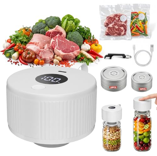 Caijin Vakuumierer für Gläser, Elektrischer Vakuumierer mit LCD Anzeige, Mini Tragbarer Mason Jar Vakuum Sealer Kabellos mit Weithals und Standardöffnung sowie für Vakuumbeutel, Weiß