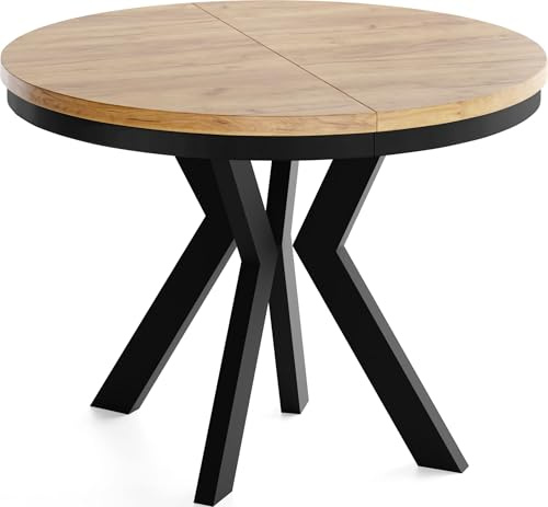 WFL GROUP Runder Esstisch Ausziehbar 80-130 cm – Verlängerbar, für 4-6 Personen mit Schwarzen Holzbeinen & Metallring – Tisch für Wohnzimmer & Esszimmer in Eiche Braun