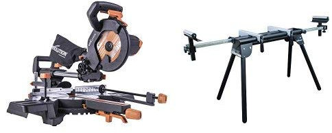 Evolution Power Tools R210SMS-300+ Multi-Material Sliding Mitre Saw with Plus Pack, 210 mm (110V) with Mitre Saw Stand with Extensions
