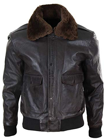 Mens Real Leather Aviator Bomber Jacket Removable Faux Fur Collar Pilot Flying Jacket - brown 3XL