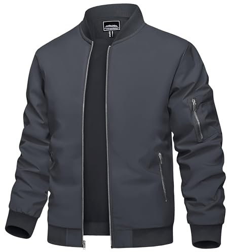 TACVASEN Herren Sommer Jacket College Jacke Bomberjacke Leichte Fliegerjacke Pilotenjacke Bomber Freizeitjacke mit Taschen (L, Dunkelgrau)