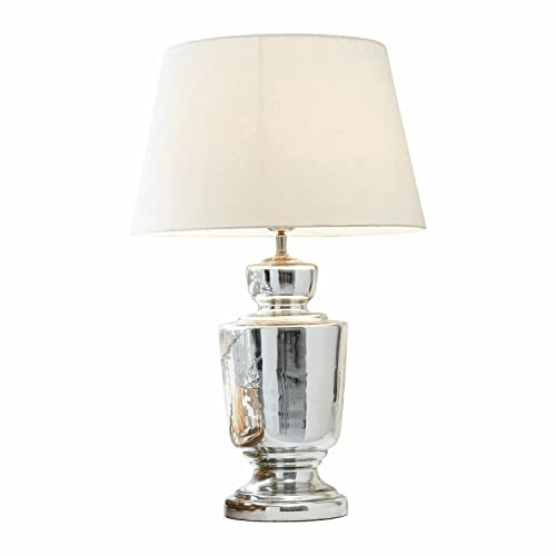 LOBERON Tischlampe Taos, verspiegelter Fuß, edler Look, mit Bauernsilber-Finish, Tischleuchte, Wohn-Accessoire, Glas, Baumwolle, weiß/silber