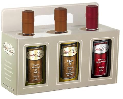 Geschenkbox 3x 0,5L Knoblauch Olivenöl/Pasta-Öl/Tomaten Balsam Essig - Spezialität 5% Säure Manufaktur Qualität
