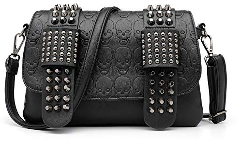 LUI SUI Gothic Punk Skull Rivet Nieten Crossbody Bag PU Leder Messenger Umhängetasche Handtasche Brieftasche Geldbörse für Mädchen Frauen