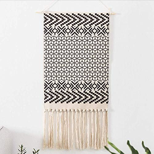 Lanqinglv Wandteppich Geometrische Gitter Wandbehang Handgemachte Quaste Weben Hausdekor Tapisserie Beige Schwarz Vintage Wanddeko Baumwolle Leinen Trippy Wandtuch 50x70cm+20cm