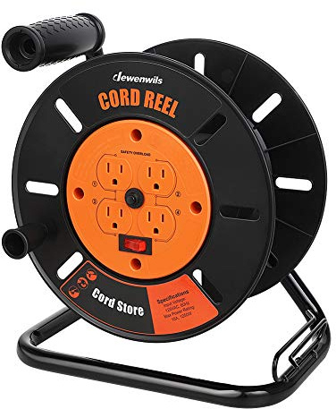 DEWENWILS Extension Cord Storage Reel with 4-Grounded Outlets, Heavy Duty Open Cord Reel for 12/3,14/3,16/3 Gauge Power Cord, Hand Wind Retractable, 10A Circuit Breaker, Rocker Power Switch