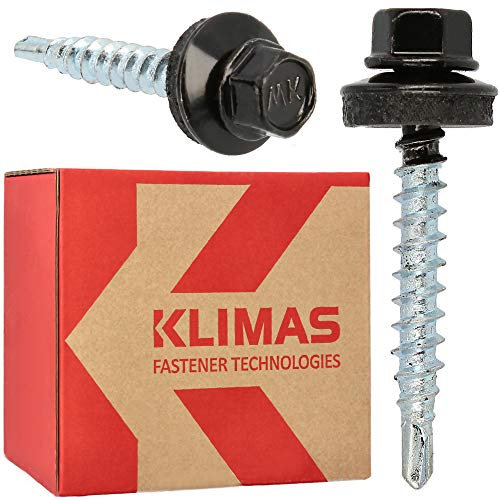 KLIMAS Selbstschneidende Trapezblechschrauben 4,8 x 35 mm RAL9005 250 Stück | Edelstahl Dachblech Selbstbohrende Schrauben Bohrspitze & Dichtung Bohrschrauben Dachschrauben Dichtscheibe Verzinkte