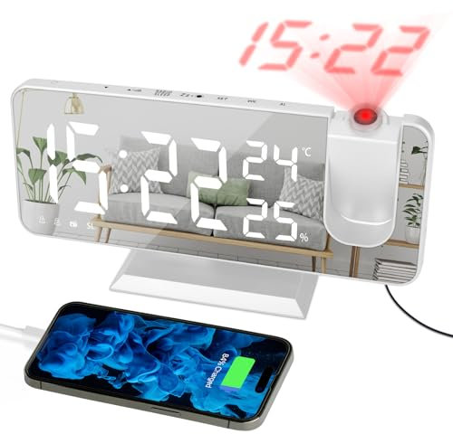EVILTO Projection Alarm Clock With Dual Alarm7.3'' Large Mirror Radio Digital Clock 180°Projector on Ceiling 4 Dimmer Adjustable Volume Electronic Clock for Bedroom -White