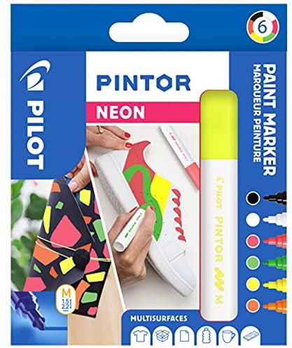 PILOT PINTOR Kreativmarker – 6 Stück in M – Farben Schwarz/Weiß/Neonpink/-grün/-gelb/-orange – Farbmarker-Stifte für DIY-Projekte, für fast alle Oberflächen, schnell trocknend und gut deckend
