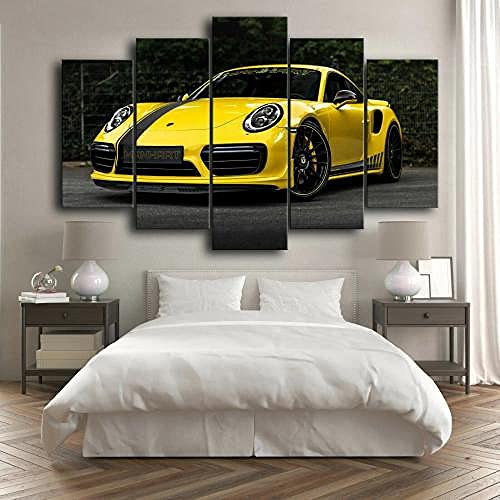 YUANJUN Tableau Multi Panneau 5 Parties Decor Murale Impression sur Toile 5 Pieces Toile Tableau Tableaux avec Cadre Tableau Cadeau911 Voiture De Sport Classique Jaune