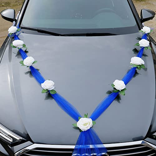 Autoschmuck Hochzeit Braut Paar Rose Deko Dekoration Auto Schmuck Car Wedding Girlande Autodeko Hochzeitsdeko Auto Blumenschmuck Hochzeitsschmuck Hochzeitsauto Deko für Hochzeit Party,Blau+Weiß