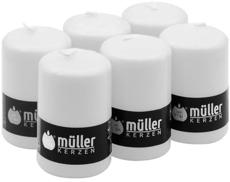 Müller Kerzen Stumpenkerzen - Set mit 6 Säulenkerzen - Farbe Weiß - 68 x 110 mm - Lange Brenndauer: 35 Stunden - Tropffrei Wachskerzen, Ohne Duft - RAL Qualität