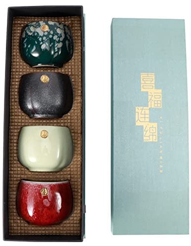 4 Pcs Ceramic Chinese Kung Fu Tea Cup Set - Japanese Retro Mugs for Sake and Tea Drinking With Box (01)