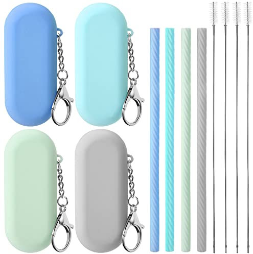 4 Set Silicone Straws with Case Reusable Straws Silicone Foldable Portable Drinking Straw Set for Party Travel Cold or Hot Straw with 4 Carry Case, 4 Cleaning Brushes 7 5/7 Inch Long (Fresh Color)
