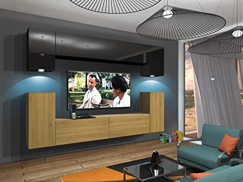 Furnitech Wohnwand Wohnzimmer | Hängend Wohnwand Modern | Wohnzimmer Schrankwand mit Regale und TV Schrank | Wohnzimmer Möbel ohne LED (Rodos AN43-17BD-HGM46 1B)