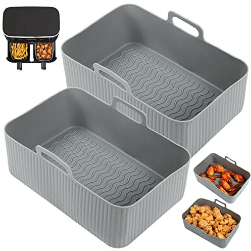 BYKITCHEN Silicone Air Fryer Liners for Ninja AF500UK AF451UK/AF400UK 9.5L, Large Air Fryer Accessories for Tower T17088 9L / Instant Vortex Plus 8.5L/ Salter/EMtronics Dual Air Fryer (2Pcs, Gray)