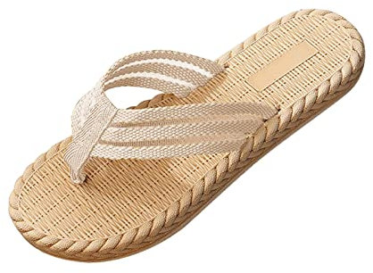 infradito da donna con suola in paglia, stile bohémien, strass piatti, infradito con perle, clip toe, pantofole da spiaggia, leggere, comode, antiscivolo, Beige2., 39 EU