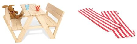Pinolino Kindersitzgarnitur Nicki für 4 mit Lehne, aus massivem Holz & Polsterauflagen für Nicki für 4, Set mit 2 Stück, Bezug bei 30 °C waschbar, empfohlen ab 2 Jahren, Dessin Streifen rot/weiß