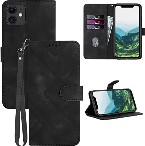 GOTOURED for iPhone 11 Phone Case Wallet, Card Holder Leather, Wrist Strap, Magnetic Closure, Kickstand, Shockproof Protective Pattern Flip Cover (Black)