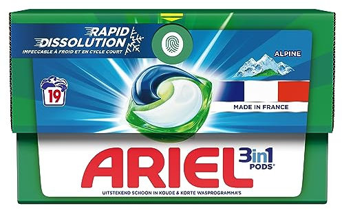 Ariel 3in1 PODS, Lessive Liquide En Capsules 19 Lavages, Alpine, Dissolution Rapide, Impeccable A Froid Et En Cycle Court
