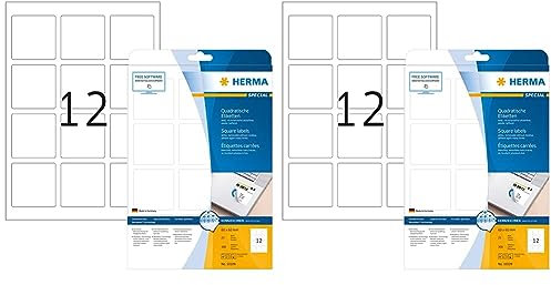 Universal Etiketten ablösbar, 25 Blatt, 60 x 60 mm, 12 Stück pro A4 Bogen, 300 Aufkleber, selbstklebend, bedruckbar, matt, quadratisch, blanko Klebeetiketten aus Papier, weiß (Packung mit 2)