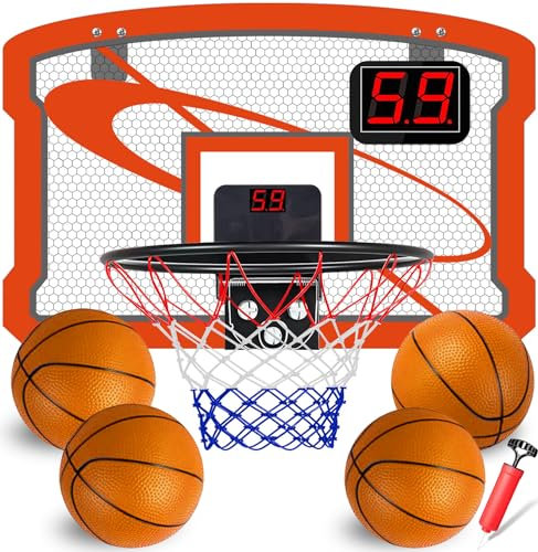 TEUVO Mini Basketballkorb Indoor Kinder mit 4 Ball & Elektronische Anzeigetafel, Tür Basketballkorb für Zimmer & Büro Basketball Korb Outdoor Wandmontage Ballnetz Office Home Sport Spielzeug Geschenke
