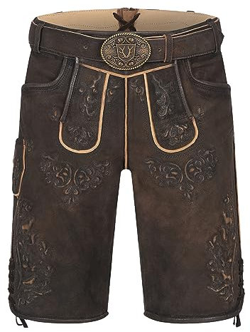 Krüger Herren Trachten Lederhose kurz, Modell: Lederhose Phil mit Gürtel, Knielang, Art.-Nr. 961265-0-0076, 46,