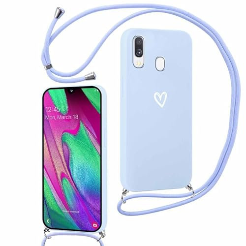 Foonary Handykette Hülle mit Kette für Samsung Galaxy A20e 5,8, Aesthetic Herz Muster Handyhülle mit Band Kette Case, Silikon Stoßfest Bumper Schutzhülle Cover mit Kordel zum Umhängen, Blau