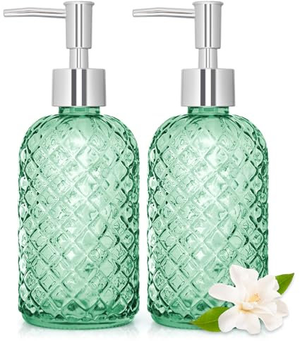 2 Pack 450ml Glass Soap Dispenser with Plastic Pump, 16 oz Diamond Cut Design Refillable Liquid Hand Soap Bottle Dispenser for Bathroom, Countertop, Kitchen Sink, Home Decor Accessories (Green)
