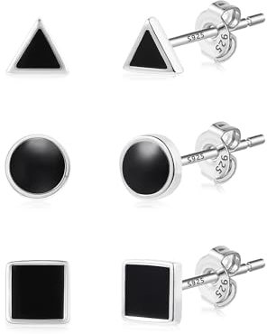 ALEXCRAFT Rund Eckige Dreieck Ohrringe Silber 925 Schwarz Gothic Ohrstecker Set Klein Damen für Frauen Freundin Mama Mädchen 3 Paar