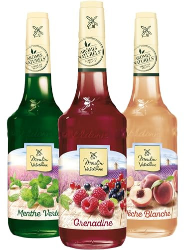 Moulin de Valdonne - Assortiment de Sirop de Grenadine, de sirop de Menthe et de sirop de Pêche Blanche pour boissons rafraîchissantes, cocktail avec ou sans alcool, 3 bouteilles 70 cl