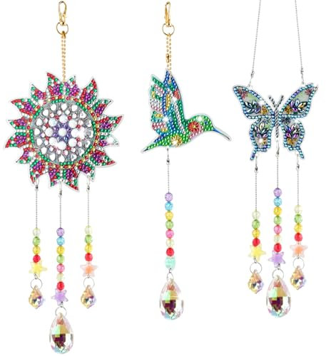 TIMESETL Diamond Painting Windspiel Set - 5D Sonnenfänger 3 Stück Art Schmetterling, Sonnen, Vogel - Diamant Anhänger für Garten, Hof, Fensterdekoration
