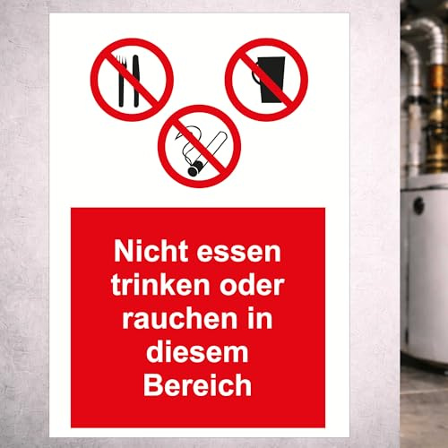 Indigos UG - Schild Nicht Essen oder Trinken - Rauchen Bereich - 210x297 - Hinweisschild Warnschild Sicherheitsschild - Aluverbundplatte 3 mm - für Innen und Außen