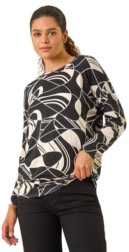 Roman Originals Banded Geometric Stretch Top for Women UK - Ladies Everyday Autumn Winter Round Neckline Comfy Soft Evening Vacation Work Party Night Out - Noir & Blanc - Size 12