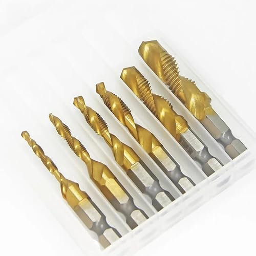 M3-M10 Titanium Coated HSS Drill and Tap Bits, Hand Thread Tap Spiral Drill Bit 1/4 Hex Shank, Metric Sizes Hand Tools for Metal, Iron, Wood, Plastic, PVC, Steel, Aluminium (SET 6pcs)